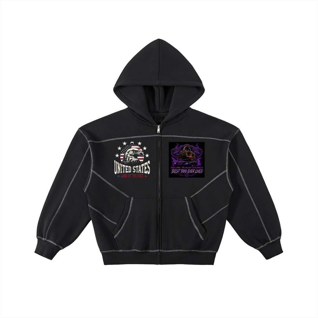 Contrast-Stitched Boxy Fleece Zip Hoodie